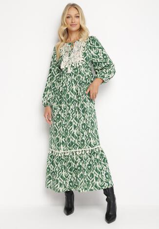 Zielona Rozkloszowana Sukienka Maxi z Falbanką Tinamessa