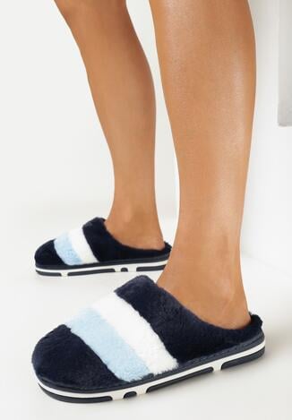 Granatowe Kapcie z Futerka w Szerokie Paski Pasqualina