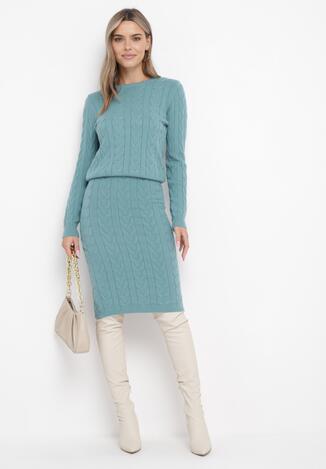 Zielony Komplet Dzianinowy z Kaszmirem ze Spódnicą i Swetrem Nunciata