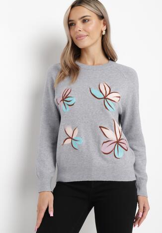 Szary Sweter z Kaszmirem i Haftowanym Wzorem Levtrise