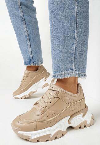 Ciemnobeżowe Sneakersy na Grubej Podeszwie z Futerkiem Minveda