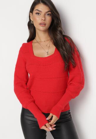 Czerwony Sweter z Ozdobnym Ażurowym Wzorem i Ściągaczami Nativi