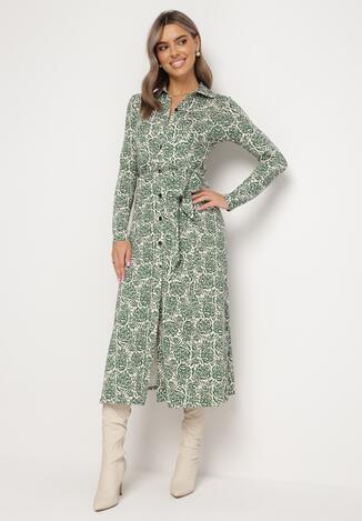 Zielona Sukienka Midi Koszulowa Ozdobiona Wzorem w Kwiaty Robines
