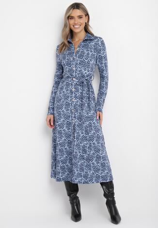 Niebieska Sukienka Midi Koszulowa Ozdobiona Wzorem w Kwiaty Robines