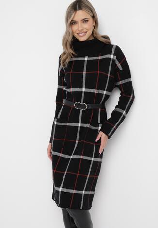 Czarna Sukienka Midi Dzianinowa z Szerokim Golfem o Prostym Fasonie z Kieszeniami Bjarka