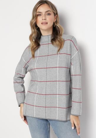 Szaro-Czerwony Sweter Golf ze Wzorem w Kratę Winceha