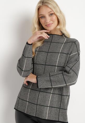 Szaro-Czarny Sweter Golf ze Wzorem w Kratę Winceha