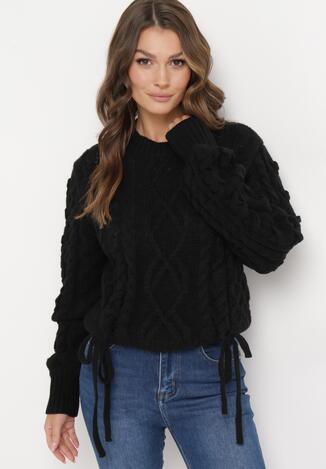 Czarny Klasyczny Sweter ze Ściągaczami i Ozdobnym Sznurowaniem Nabira