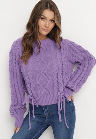 Fioletowy Klasyczny Sweter ze Ściągaczami i Ozdobnym Sznurowaniem Nabira