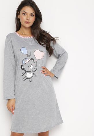 Szaro-Różowa Koszula Nocna z Długimi Rękawami i Nadrukiem Xiao