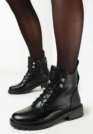 Czarne Botki Workery z Szerokim Językiem i Cyrkoniami Vatao