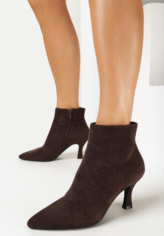 Brązowe Botki na Niewysokiej Szpilce z Noskiem w Szpic Lidmea