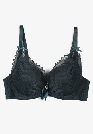 Ciemnozielony Biustonosz Push-Up z Koronką i Kokardkami oraz Ozdobami ze Stali Teofilo