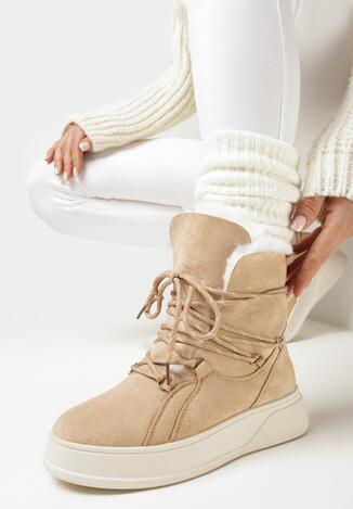 Beżowe Sznurowane Botki w Stylu Śniegowców na Platformie Ulloa