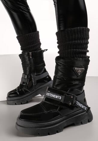 Czarne Lakierowane Śniegowce z Ozdobnymi Taśmami Eraclio