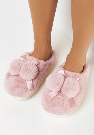 Różowe Kapcie z Futerka Ozdobione Pomponami i Wstążką Feona