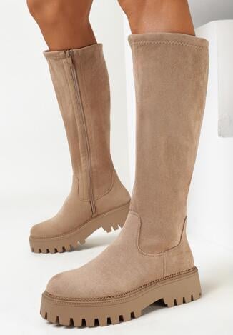 Ciemnobeżowe Kozaki Przed Kolano na Platformie Mlokva
