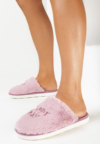 Fioletowe Kapcie Futrzane z Haftowanym Napisem Deroxa