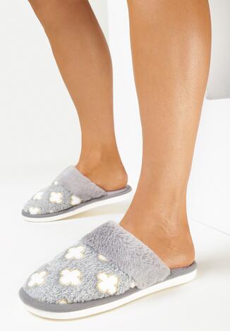 Szare Kapcie Futrzane Ozdobione Kwiatami z Metaliczną Nitką Hemiza