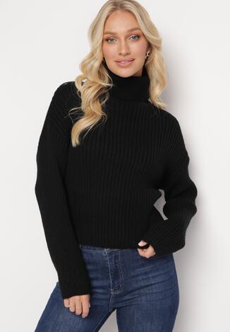 Czarny Sweter Golf Oversize z Wypukłym Prążkowaniem Falenise