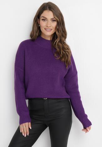 Fioletowy Sweter z Golfem o Prążkowanej Fakturze Afromava