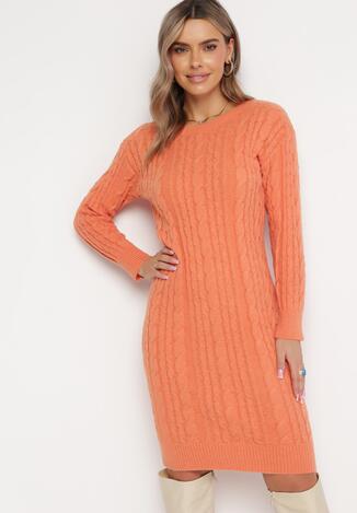 Pomarańczowa Sweterkowa Sukienka Midi Ozdobiona Splotem w Warkocze Toddis