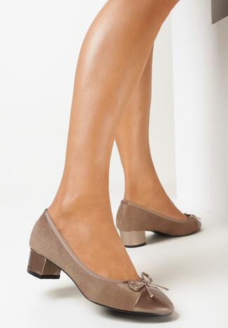 Ciemnobeżowe Czółenka z Okrągłym Noskiem i Kokardką Sammie