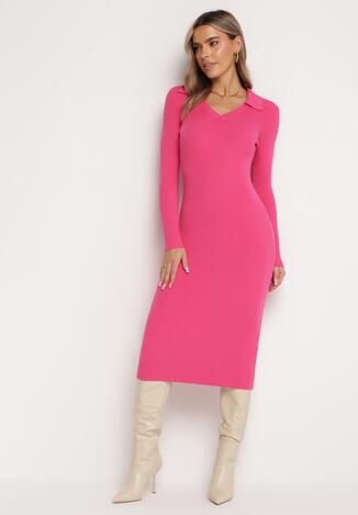 Fuksjowa Prążkowana Sukienka Midi o Dopasowanym Fasonie z Kołnierzykiem Teogla