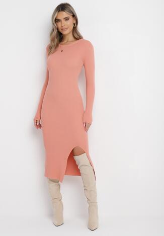 Pomarańczowa Dopasowana Sukienka Sweterkowa z Rozcięciem Aminna