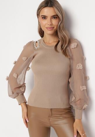 Ciemnobeżowy Sweter z Prążkowanej Dzianiny i Bufiastymi Rękawami Emotinna