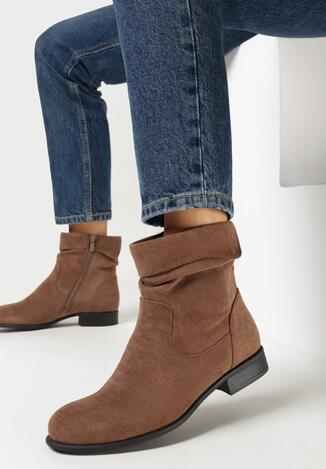 Brązowe Botki z Marszczoną i Wywiniętą Cholewką Kordanna