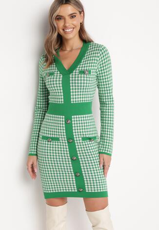Zielono-Biała Sweterkowa Sukienka w Kratę Fevinno