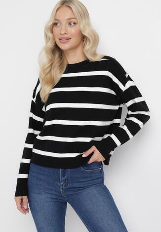 Czarny Sweter Ozdobiony Wzorem w Paski i Guzikami Serduszkami Sernarmi