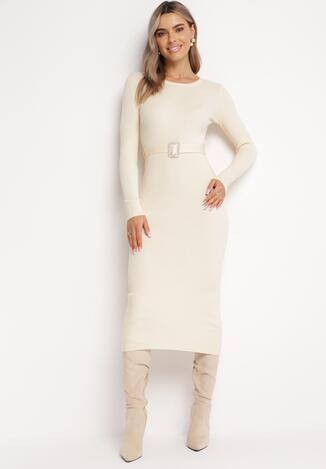 Beżowa Dopasowana Sukienka Sweterkowa z Paskiem z Biżuteryjną Klamrą Maurivessa