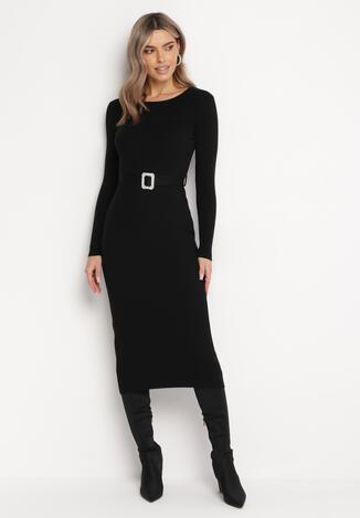 Czarna Dopasowana Sukienka Sweterkowa z Paskiem z Biżuteryjną Klamrą Maurivessa