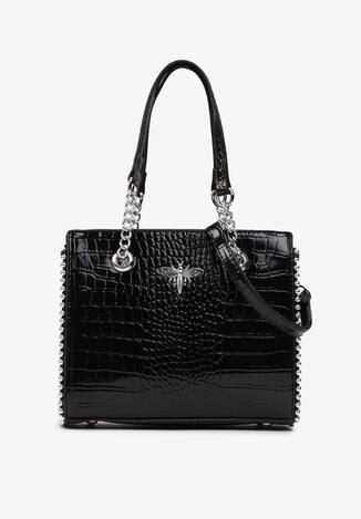 Czarna Torebka Ozdobiona Nitami Klamerką w Kształcie Owada i Łańcuszkami Piacion