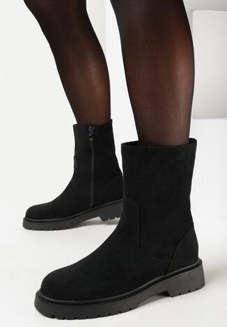Czarne Botki z Imitacji Zamszu na Płaskiej Podeszwie Cleomia