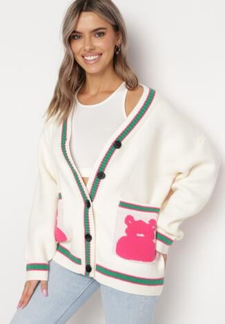 Biały Wiskozowy Kardigan z Guzikami i Ozdobnymi Kieszeniami Politeva