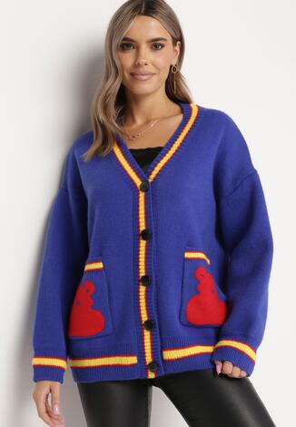 Granatowy Wiskozowy Kardigan z Guzikami i Ozdobnymi Kieszeniami Politeva