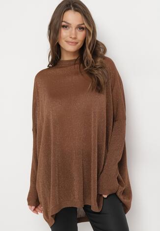 Brązowy Sweter Oversize z Metaliczną Nitką Herfela