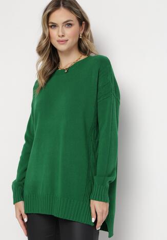 Zielony Sweter o Klasycznym Fasonie ze Ściągaczami Oretta