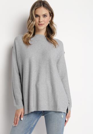 Szary Sweter z Rękawami Typu Nietoperz z Ozdobnymi Guzikami Qantu