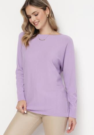 Fioletowy Sweter z Przeszyciami i Rękawami Typu Nietoperz Jallee