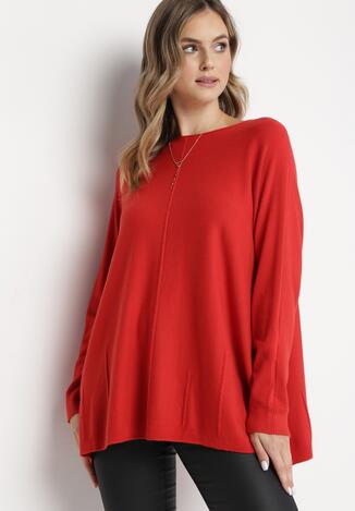 Czerwony Sweter z Przeszyciami i Rękawami Typu Nietoperz Jallee