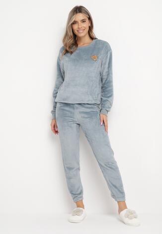 Jasnoniebieski Dzianinowy Komplet Piżamowy z Bluzą i Spodniami Jogger Javva