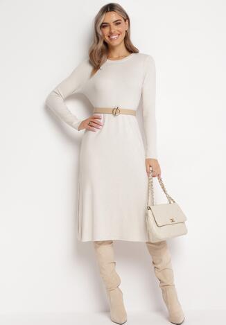 Jasnobeżowa Sweterkowa Sukienka Trapezowa Covenkia