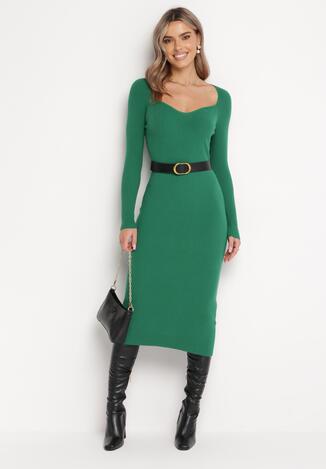 Zielona Sukienka o Ołówkowym Fasonie z Prążkowanej Dzianiny Xamelina
