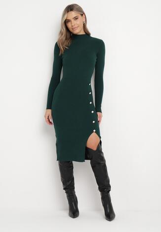 Zielona Dzianinowa Sukienka o Dopasowanym Kroju Ozdobiona Rozcięciem i Guzikami Devere