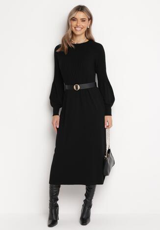 Czarna Midi Sukienka ze Sweterkowego Materiału w Prążki Abixa
