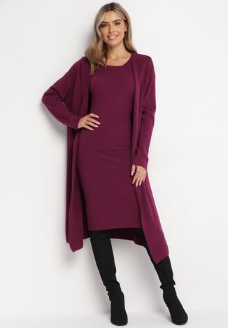 Ciemnofioletowy 2-częściowy Komplet Dzianinowy z Sukienką i Długim Kardiganem z Kapturem Agissia